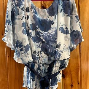 Blue Floral Chiffon Blouse with Tie Waist